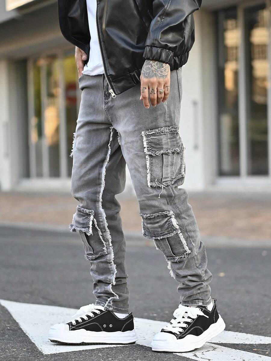 Devon Thys 男士时尚街头工装牛仔裤，修身多口袋休闲裤，Emo 风格 - 灰色 - 查看 1