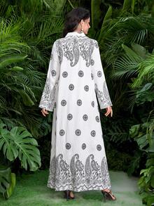 Al Najma Middle Eastern Arabic Style Printed Robe, Vacation Kaftan - White - View 2