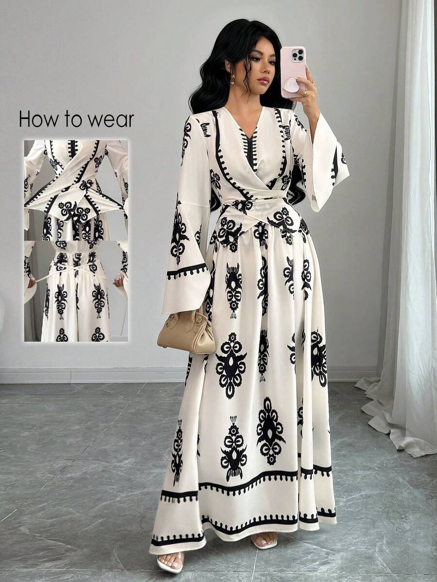 Elenzga Women's Elegant V-Neck Flare Sleeve Waist Wrap Design A-Line Maxi Dress, Floral Retro Print, Spring - Multicolor - View 1