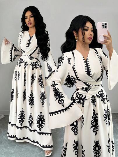 Elenzga Women's Elegant V-Neck Flare Sleeve Waist Wrap Design A-Line Maxi Dress, Floral Retro Print, Spring