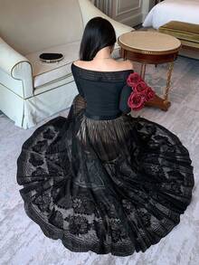 DAZY Women's Lace Patchwork A-Line Long Skirt, Elegant Skirt - Black - View 5