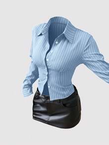 Sweetra Áo kiểu nữ thời trang, chất liệu vải có họa tiết, phối màu tương phản, cài cúc, ôm eo, cổ áo kẻ sọc, tay dài, tôn dáng. - Màu xanh lam - Xem 6