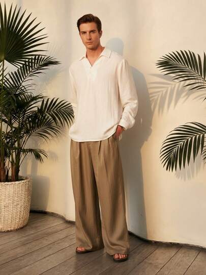 Airaco Men's Long Sleeve Linen Shirt, Seagull Collar, Versatile, Vintage Loose Fit