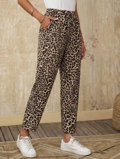 Faunlyn Pantalones casuales con estampado de leopardo para mujer
