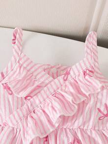Souflis Souflis 2pcs Baby Girls Pink Striped Bow Print Ruffle V-Neck Sleeveless Top + A-Line Elastic Waist Washed Blue Denim Skirt Shorts Set, Cute & Casual Korean Style Suitable For Summer Daily Outings, Shopping, School, Travel, Photography, Picnic, Park, Amusement, Beach, Party, Etc. - Pink - View 5