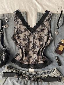 Attitoon Áo camisole thời trang nữ cổ chữ V ren hoa - màu đen - Xem 8