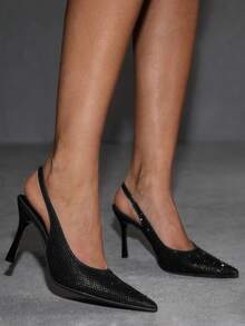 CUCCOO SZL Sexy Fashion Pointed Toe Rhinestone Embellished High Heel Pumps, Backless Party Dress Shoes For Women Valentine's Day - Black - View 3