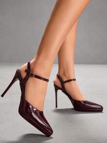 CUCCOO SZL Women Shoes Pointed Thin High Heel Heightening Water Table Burgundy Ankle Strap Simple Back Lift Women's Back Empty Shoes Wedding Party Banquet Simple Fashion Sexy Women's High Heel Shoes Women's Shoes Valentine's Day - Redwood - View 7