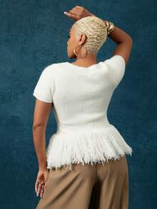 Vixey Fringe Hem Rib Knit Short Sleeve Peplum Top - Beige - View 5