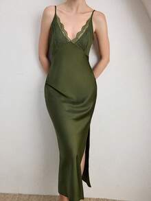 Ocili Bohemian Satin Lace Simple V-Neck Spaghetti Strap Maxi Dress, Comfortable Women Nightgown - Green - View 7