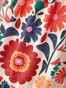 Sparklyn 少女两件套：露肩荷叶边热带植物印花上衣和长裙，度假风 - 彩色 - 查看 5