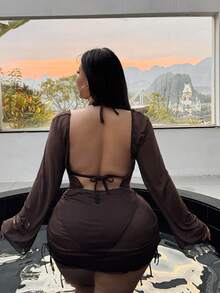 Swim SXY European & American Style Brown Sexy Swimsuit Set, Deep V Metallic Buckle Halter Design With Mesh Long Sleeve Cover-Up, Spa Swimwear - Brown - View 2