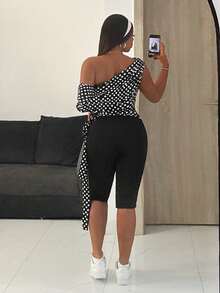 Slaydiva 夏日优雅、性感、度假、约会、日常穿着、婚礼季、千禧年辣妹风：单肩波点上衣搭配修身及膝紧身牛仔裤，黑白波点辣妹套装 - A - 黑與白 - 查看 2