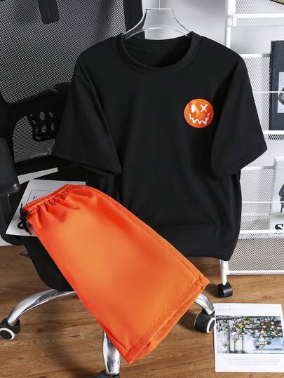 SHEIN Set de 2 piezas: Camiseta negra y pantalones cortos casuales verdes para adolescentes, conjunto de moda