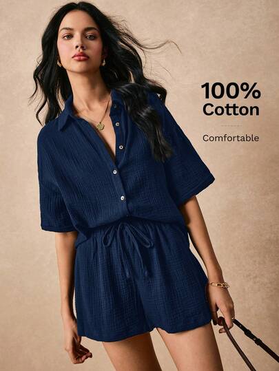 Poéselle Conjunto de dos piezas de verano para mujer, conjunto de dos piezas para la playa, tela de algodón 100% con textura, mangas con puños, pantalones cortos con bolsillos laterales, adecuado para vacaciones, conjunto de camisa holgada y relajada, mono para la temporada de bodas