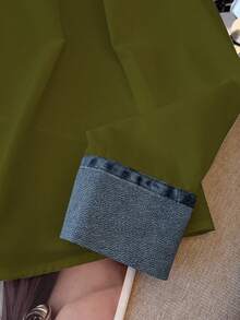 GlowEve Áo sơ mi nữ tay dài cài cúc phía trước, kiểu dáng thường ngày, phối họa tiết denim, thích hợp cho mùa thu/đông. - xanh quân đội - Xem 5