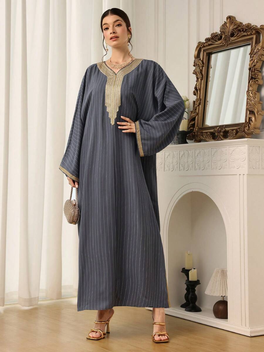 Al Najma Vestido largo de mujer con rayas, túnica larga tradicional árabe - Gris - Ver 1