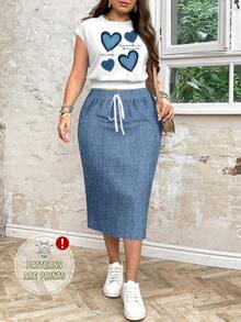 EMERY ROSE סט 2 יחידות: אפקט לב וג'ינס מקרית בגזרה רופפת טופ וחצאית לנשים במידות גדולות, מתאים לסתיו/חורף - כחול ולבן - ראה 1