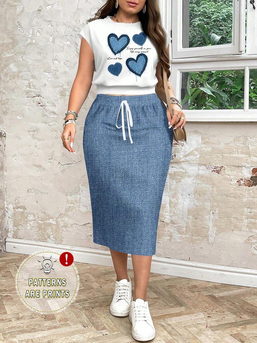 EMERY ROSE סט 2 יחידות: אפקט לב וג'ינס מקרית בגזרה רופפת טופ וחצאית לנשים במידות גדולות, מתאים לסתיו/חורף - כחול ולבן - ראה 1