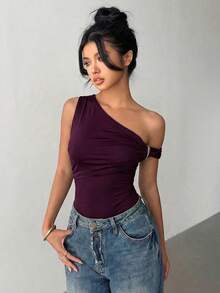 Aloruh Women's Metallic Embellished Slim-Fit Asymmetrical Bodysuit, Women's Beach Bikini Bodysuit, Casual Bodysuit, Casual Holiday Outfit, Elegant Beachwear. - Purple - View 6