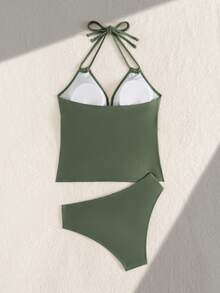 Swim Lushoire Swim Lushore-D Women Solid Color Triangle Strap Tie Back Ruched Side Bikini Swimwear Set - Army Green - View 4