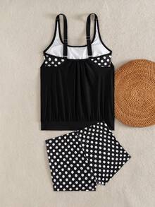 Swim Lushoire Women Printed Ruched Front Thick Strap Tankini Two Pieces Swimsuit - Black and White - View 4