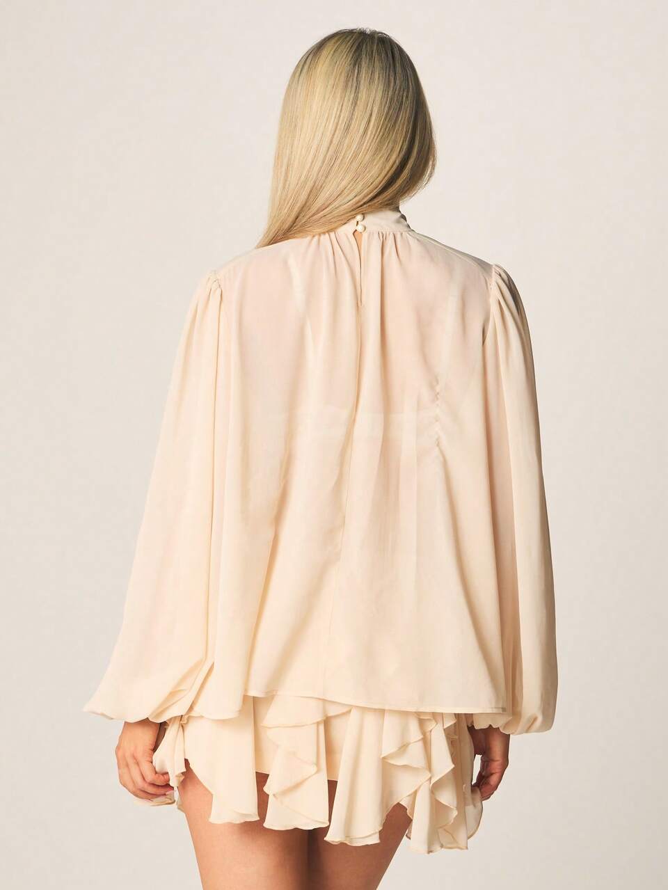 MISSGUIDED Chiffon Tie Neck Blouse And Ruffle Mini Skirt Two Piece Coord Set With Puff Sleeves And Tiered Hem
