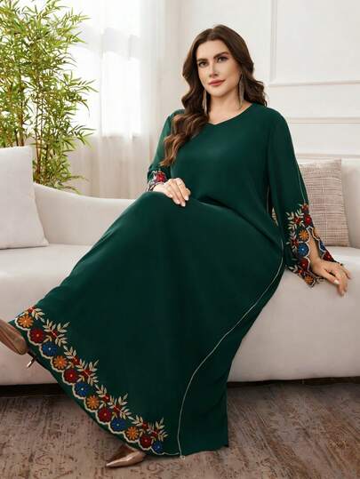 Al Najma Plus Size Women Floral Embroidery Chiffon V-Neck Maxi Dress/Loose/Casual/Long Sleeve Arabian Style Gown