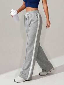 RueChic Contrast Side Seam Drawstring Waist Joggers - Grey - View 3