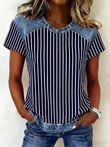 EMERY ROSE 女士条纹拼接圆领短袖休闲T恤 - 彩色 - 查看 4