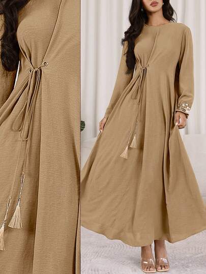 Veilorie Women's Solid Color Round Neck Long Sleeve Waist Tie Arabic Traditional Long Dress