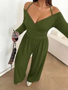 Sunnyshic Frilya 大码女士纯色露肩褶皱阔腿休闲连体裤 - 軍綠色 - 查看 5