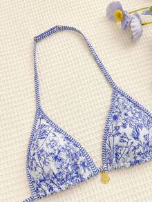 SHEIN 复古印花细肩带比基尼套装，适合少女夏季海滩度假；杏色针织纹理贝壳装饰挂脖三角比基尼套装；夏季海滩装扮；蓝白随机印花挂脖比基尼套装；夏季海滩泳装 - 藍色 - 查看 4