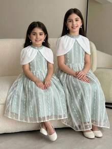 SHEIN Young Girl Woven Contrast Color Collar Mesh Patchwork Casual Dress Party Dress For Young Girls In Autumn And Winter Kids Jacquard Dresses Dusty Blue Dress For Girls - Green - View 1