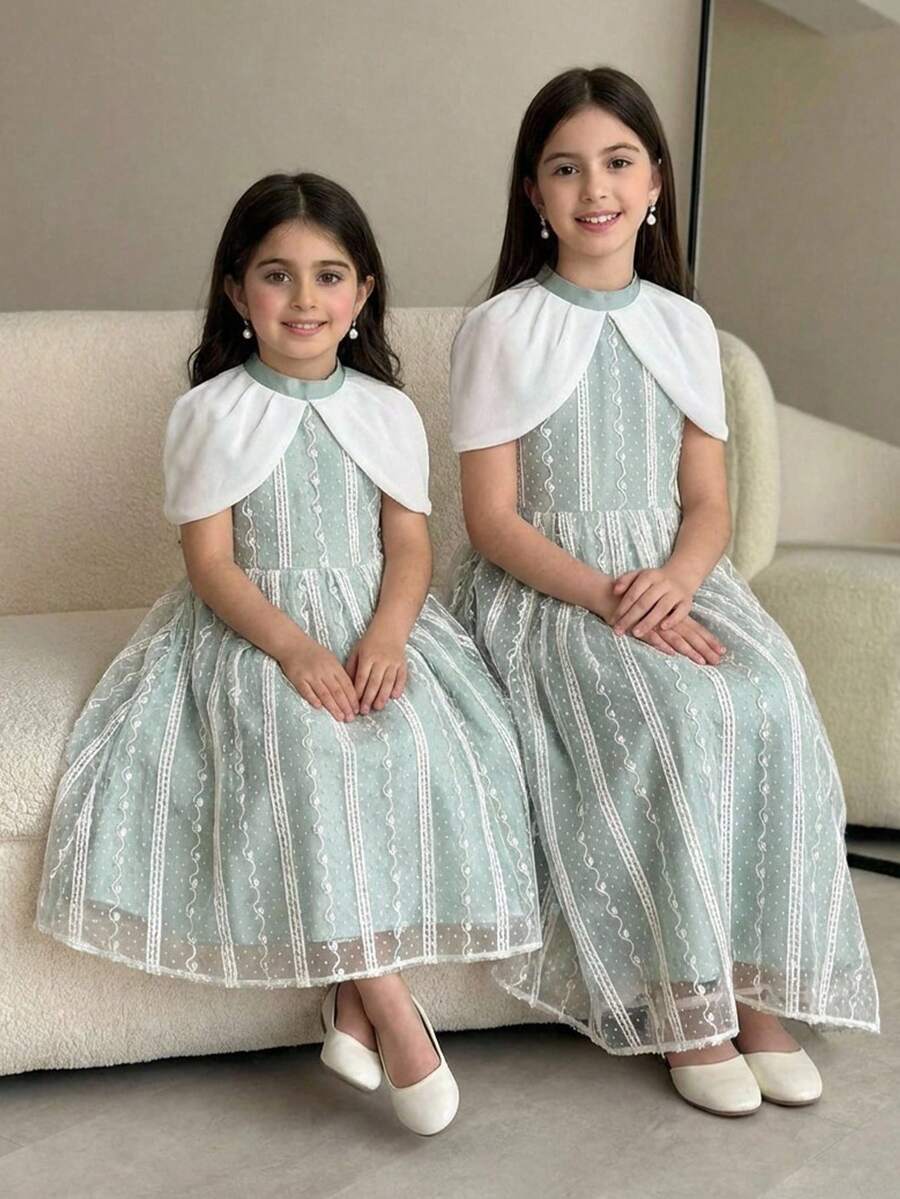 SHEIN Young Girl Woven Contrast Color Collar Mesh Patchwork Casual Dress Party Dress For Young Girls In Autumn And Winter Kids Jacquard Dresses Dusty Blue Dress For Girls - Green - View 1