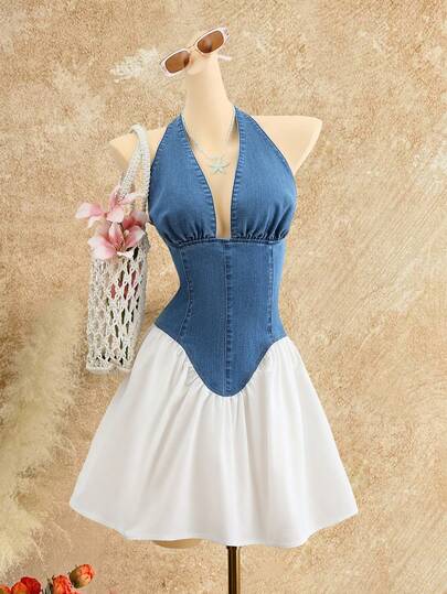 SHEIN MOD Women's Denim Patchwork Ruffle Hem Sexy Halter Neck Dress