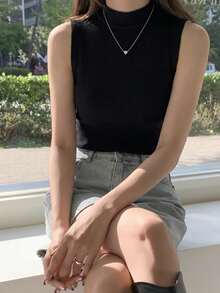 DAZY 商务休闲纯色立领无袖修身毛衣 - 黑色 - 查看 4