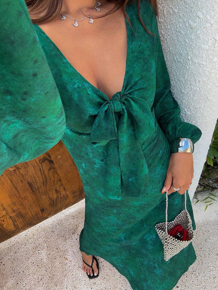 DAZY 法式长袖V领碎花修身鱼尾连衣裙 - 綠色 - 查看 1