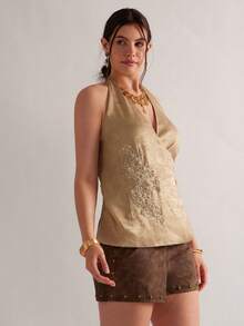 Freevana 波西米亚扎染卡其色吊带背心，银线刺绣抽绳深V领吊带衫，复古小众设计无袖上衣，适合音乐节穿着 - 卡其色 - 查看 6