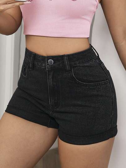 SHEIN PETITE Women's Casual Everyday Pocketed Button Denim Shorts