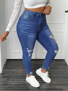 SHEIN SXY Quần jeans dáng suông rách, cỡ lớn - Rửa trung bình - Xem 4
