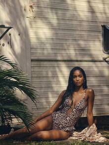 Maija Women's Spaghetti Strap Sleeveless Ruffled Leopard Print Fitted Hollow One-Piece Swimsuit - Brown - View 4