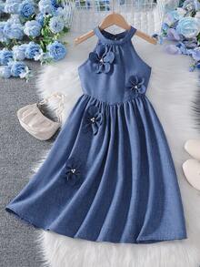 Elladie kids 灰蓝色缀饰花卉无袖连体裤，宽松版型，适合年轻女孩休闲外出、短途通勤和与朋友聚会穿着。 - 藍色 - 查看 6