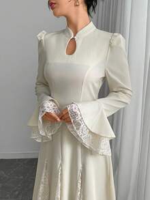 Modelyn 女士优雅混纺面料蘑菇扣腰部喇叭中长裙 - 杏色 - 查看 7