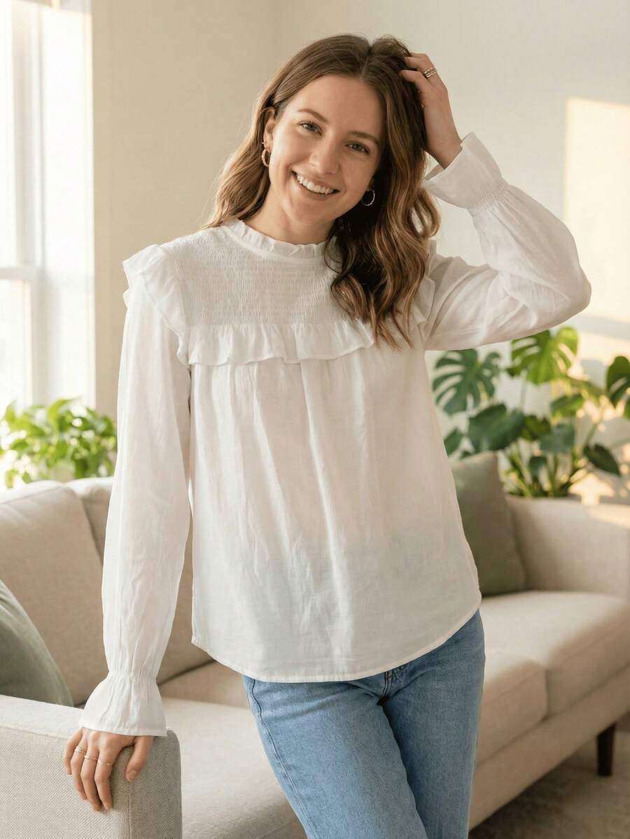 Ticali Top Elegante De Manga Farol Con Acabado De Ribete Fruncido Y Cuello Victoriano C8072 - Blanco - Ver 1