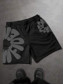 SLATEMANN Men's Summer Casual Letter Print Drawstring Waist Shorts - Black - View 2