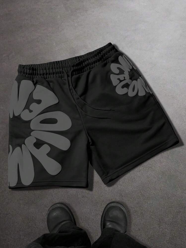 SLATEMANN Pantalones cortos casuales de verano para hombres con estampado de letras y cordón en la cintura - Negro - Añade 2