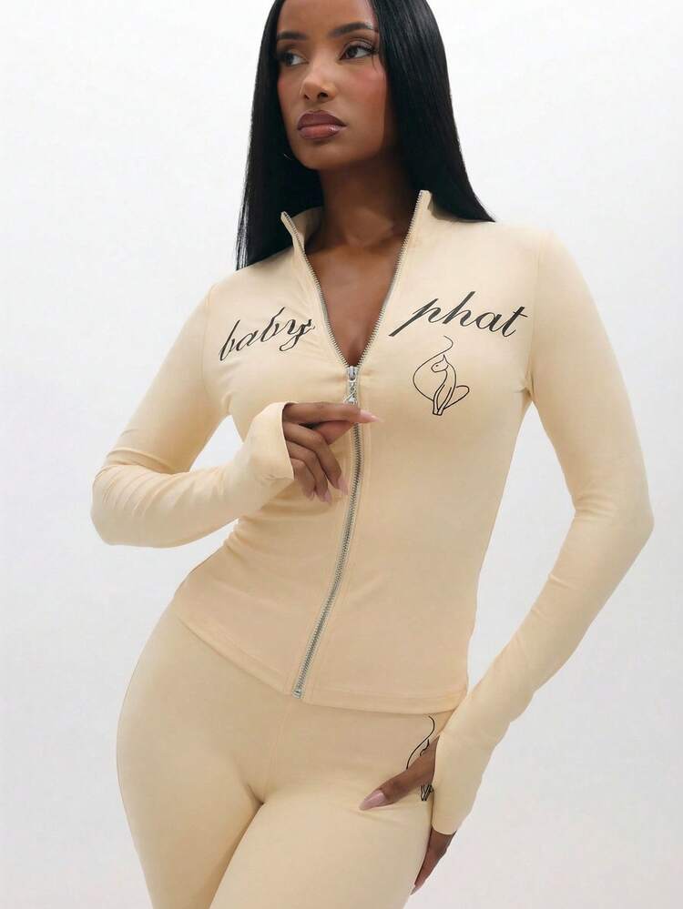 BABYPHAT Women's Long Sleeve Zip Up Top With Text Print And Zipper Detail