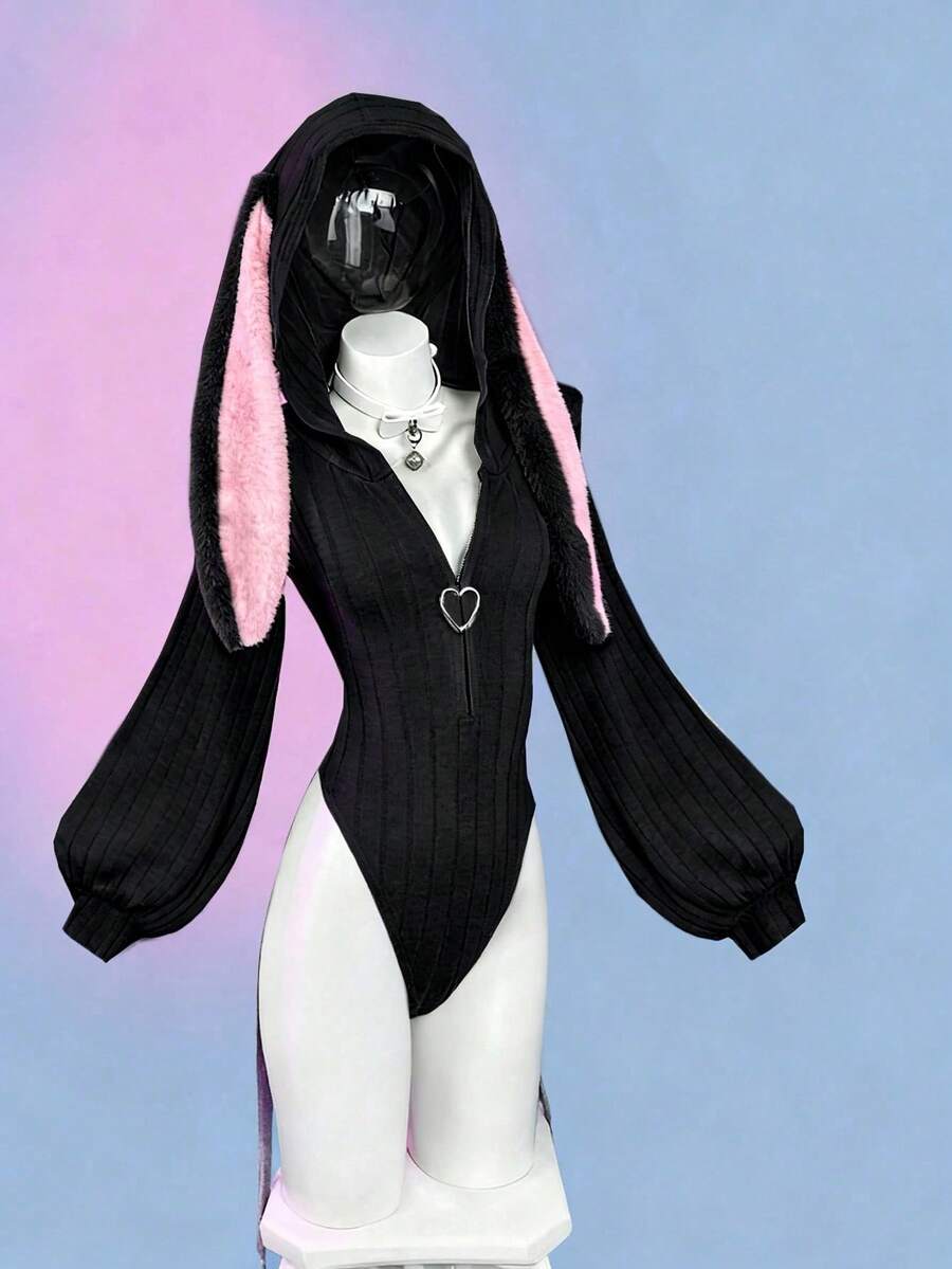 Sunspun Women's Solid Color Knitted Elastic Hooded Rabbit Ear Bodysuit, Anime Inspired Top, Cute, Rabbit Ears, Spring/Autumn, Winter - Black - View 1