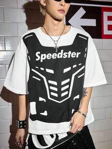 ROMWE MEN Street Life 男士功能性仿马甲印花圆领短袖休闲T恤 - 黑與白 - 查看 6